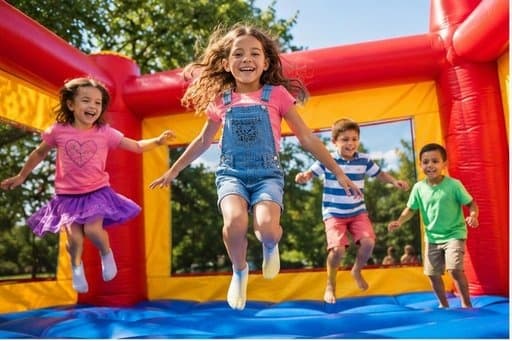 Children laughing and jumping inside a colorful bounce house castle