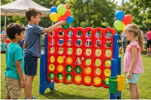 Kids playing Giant Connect 4 at an outdoor birthday party with balloons