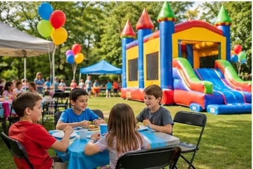 Kids seated at a 6-foot folding white table at an outdoor party with a bounce house behind them