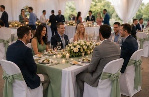 Folding chairs with sage green stretch back covers and sashes at an outdoor dinner