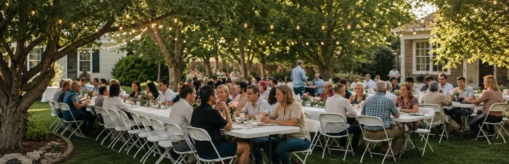 A long banquet of folding tables and chairs set up outdoors under string lights, ready for guests
