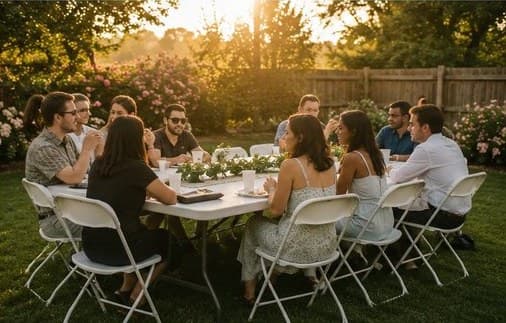 White folding chairs around a round table at a sunset garden dinner