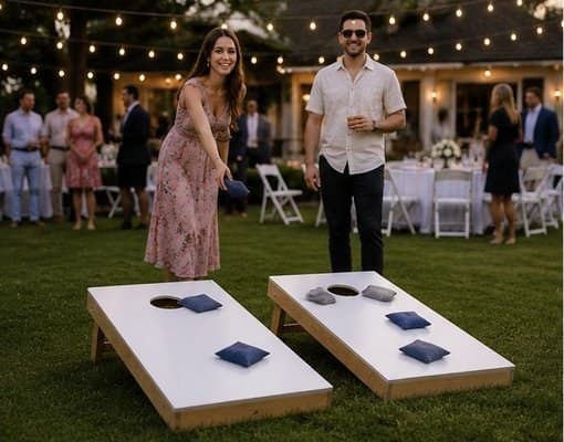 A couple playing cornhole on the lawn during an outdoor celebration