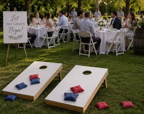 Cornhole boards set on the lawn next to a Let the Games Begin sign at a reception