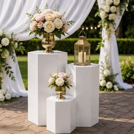 Three white hexagon cylinder stands with floral arrangements at an outdoor wedding
