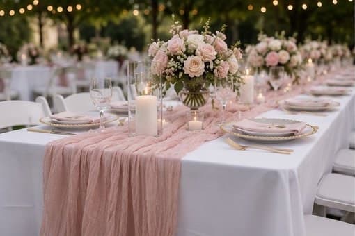 Long table set with a dusty pink cheesecloth runner and floral centerpiece
