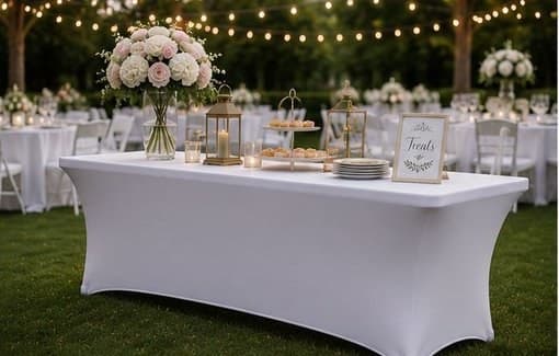 White stretch tablecloth skirt on a 6-foot table at an outdoor event with string lights