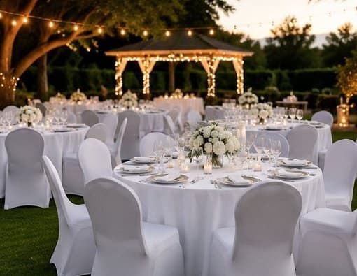 White spandex chair covers on folding chairs at an outdoor evening event