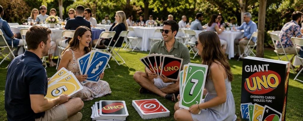 Guests playing Giant UNO on the lawn at an outdoor celebration